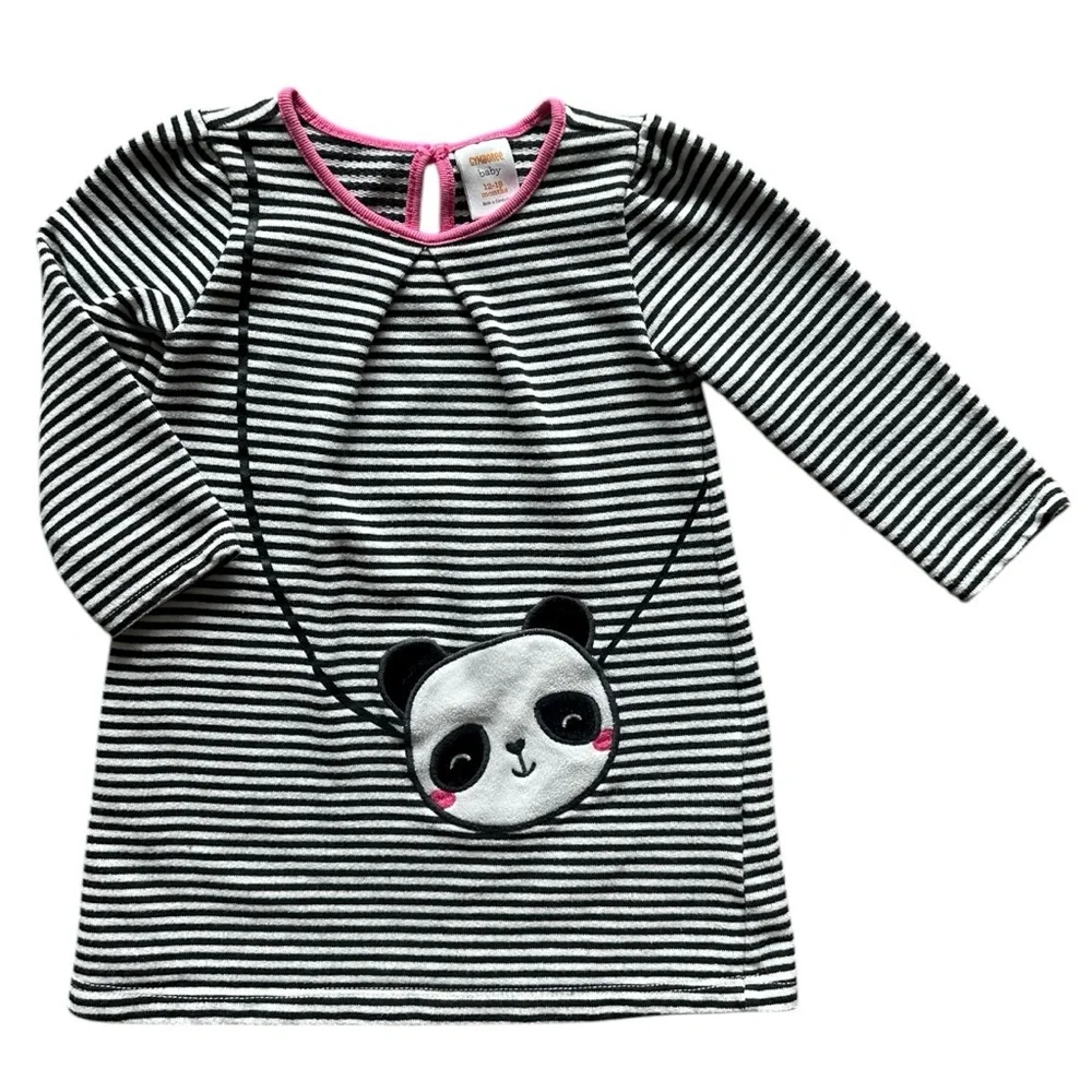 Gymboree Panda Black and White Striped Dress with Pink Trim Size 12-18 months